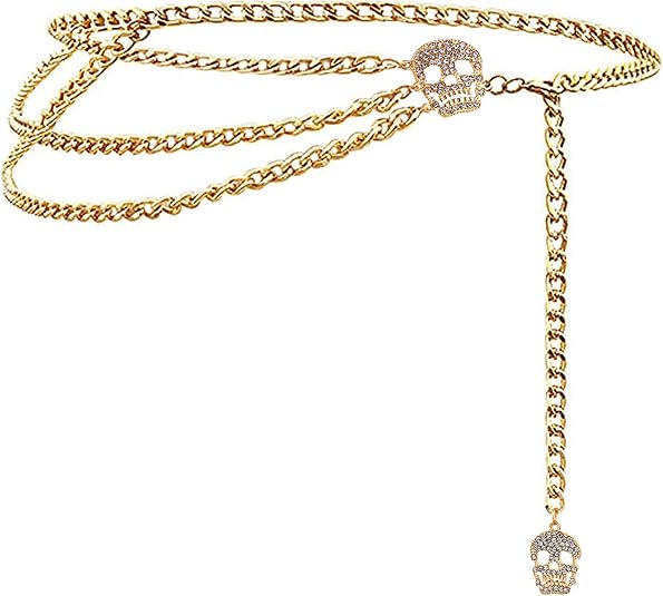 Glamorstar Multilayer Metal Waist Chain Dress Belts Metal Belt for Women - skull wallet