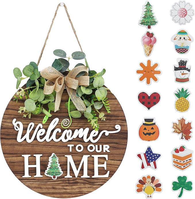 Interchange Welcome Sign Front Door Wreaths for Spring Fall Summer Winter - skull wreath