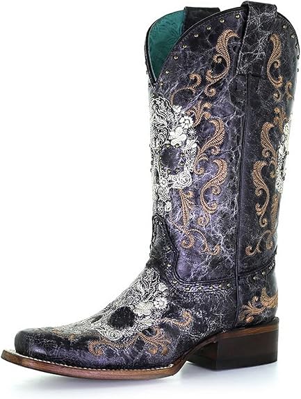 Corral Boots Women's White Floral Sugar Skull Embroidery & Studs Square Toe Mid-Calf Leather Western Cowboy Boots - sugar skull boots