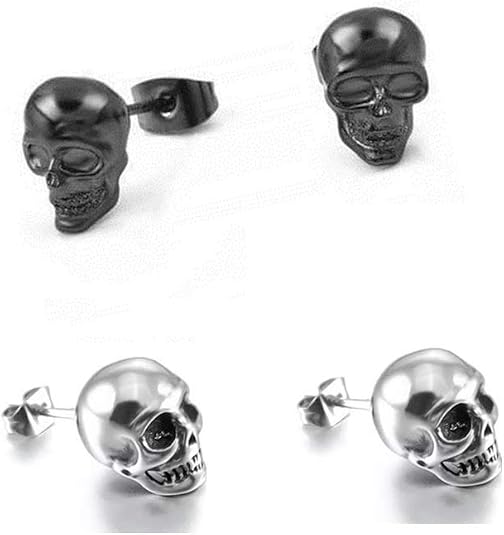 2 Pairs Punk Stainless Steel Stud Skull Earrings Fashion Style Cupimatch Silver Black Rock Ear Piercing Earrings For Mens Women