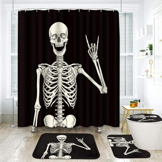 ArtSocket Halloween Bathroom Sets with Shower Curtain and Rugs, Retro - skull toilet mat