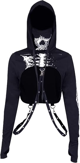 TSMNZMU Women Gothic Crop Hoodie - Long Sleeve Skull Print Cropped Tops - skull hoodie