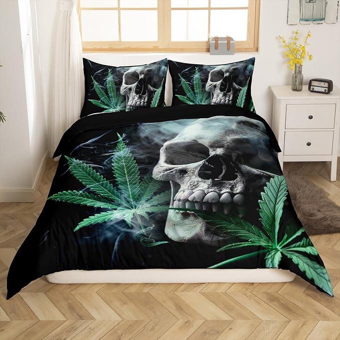 Feelyou Marijuana Weed Leaf Boys Comforter Cover Set Teens Skull Decor Queen Size Duvet Cover for Kids Girls Green Cannabis Bedding Set Gothic Bones Bedspread Cover Bedroom Collection 3Pcs - skull bedding
