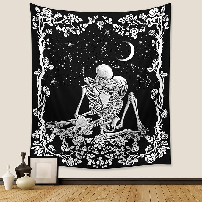 Wonrizon The Lovers Skull Tapestry,Black and White Romantic Constellation Skeleton Tapestries Wall Hanging decor for Living Room Bedroom (51.2”x 59.1”)