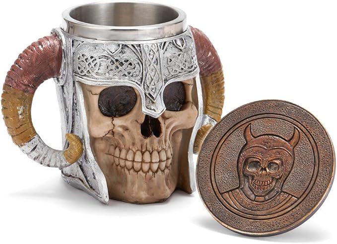 Stainless Steel Viking Skull Mug+Coaster,Double Handle Horn Skull Beer Mug Tankard, Medieval Drinkware Mug for Coffee/Beverage/Juice17oz. - skull coaster