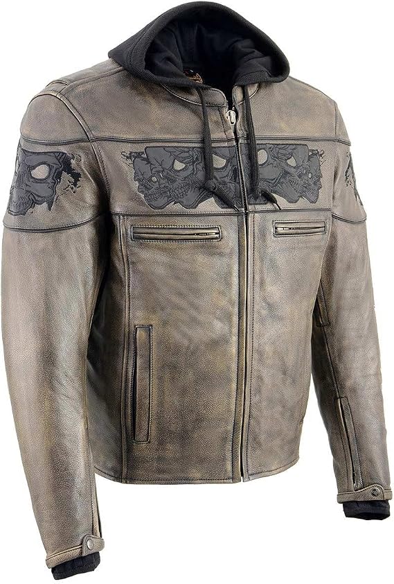 Milwaukee Leather MLM1561 Men's Distressed Brown Leather Jacket with Reflective Skulls - skull jacket