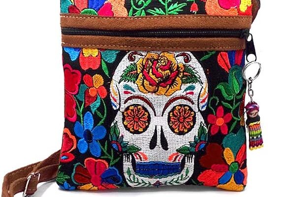 Sugar Skull Floral Embroidered Brown Vegan Leather Suede Slim Purse Crossbody Bag – Womens Fashion Handmade Boho Accessories