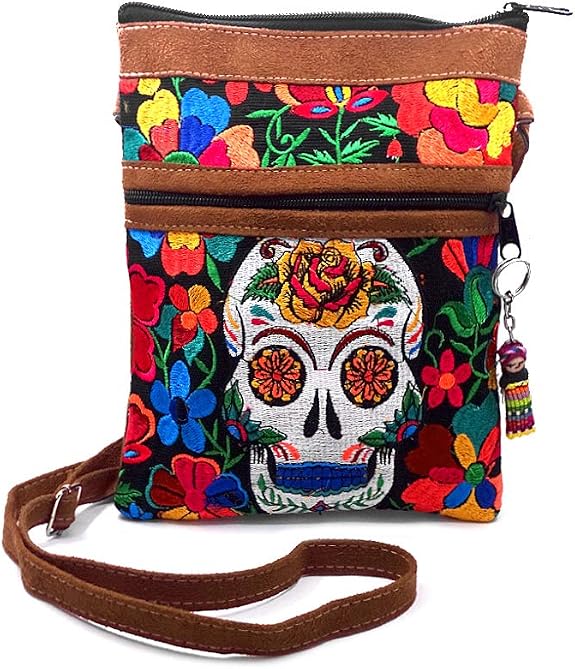 Sugar Skull Floral Embroidered Brown Vegan Leather Suede Slim Purse Crossbody Bag – Womens Fashion Handmade Boho Accessories