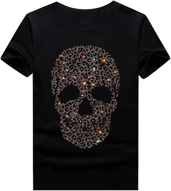 HZCX FASHION Mens Rhinestone Skull Graphic Shirt Round Collar Short Sleeve Tees - skull tshirt