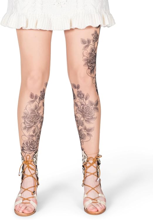 Wild Rose Ladies Grey Roses Tattoo Mesh Leggings Floral Greywork Blackwork, Tan - skull leggings