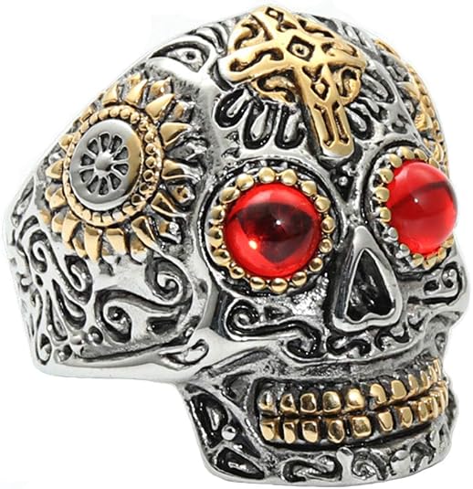 Men’s Stainless Steel Silver Gold Gothic Cross Skull Ring Green Eye Vintage Flower Carved Halloween