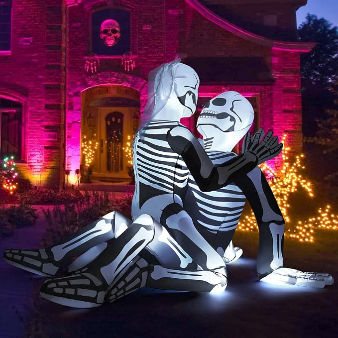 GOOSH 6.5 FT Long Halloween Inflatables Skeleton Outdoor Decorations Blow Up Yard Cuddling Couple Lovers with Built-in LEDs for Garden Lawn Indoor Party Decor - skull inflatable