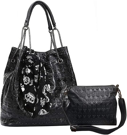 Women's 2Pcs Skull Purses and Handbags Punk Tote Top-handle Shoulder Satchels Bag Clutch - sugar skull handbags for sale