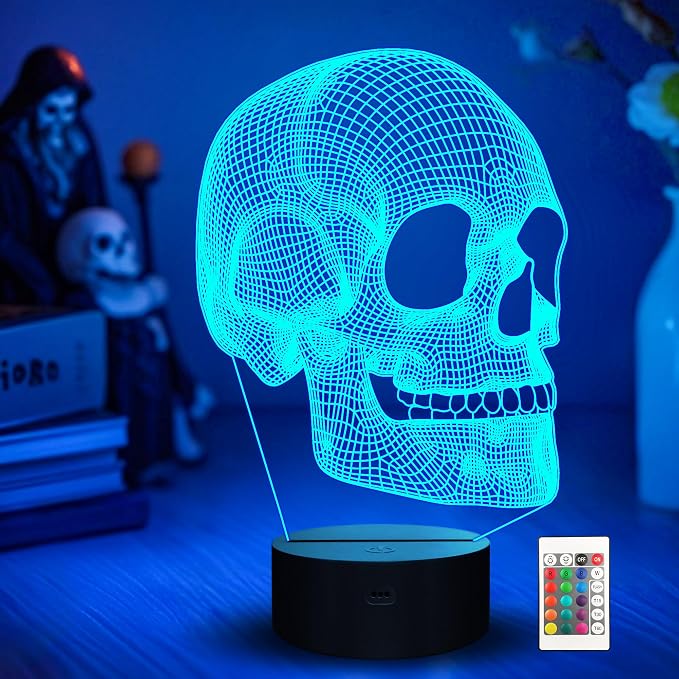 Ammonite Skull Night Light for Kids, 3D Illusion Lamp LED Desk Table Lamp 16 Colors Change with Remote Control and Timing Function, Best Christmas Halloween Birthday Gift for Child Boys - string light