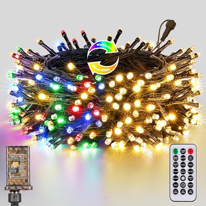 Joomer Color Changing Christmas Lights, 66FT 200 LED String Lights with Remote Timer Dimmable Connectable Fairy String Outdoor Waterproof for Christmas Decoration (Warm White to Multicolor) - string light
