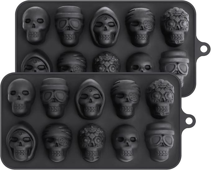 Webake Skull Chocolate Mold, Platinum Silicone Day of the Dead Mold for Halloween Chocolate, Plaster, Candy, Jello, Ice, Cube, Treats, Pack of 2 - skull ashtray