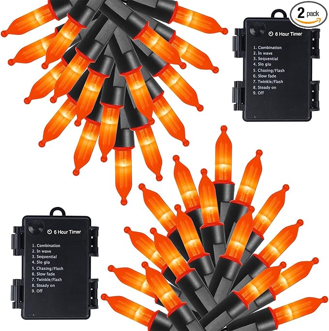 WATERGLIDE 2 Pack 50 LED Outdoor Halloween Lights, 16 FT Mini String Light with 8 Modes, Waterproof Battery Operated Tree Lights for Indoor Outdoor Patio Garden Party Wedding Decoration, Orange - string light