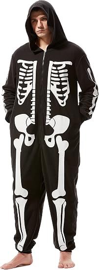 Adult Men’s Skeleton Halloween Costume Unisex Skeleton Jumpsuit Plush Pajamas Onesie Cozy One Piece Cosplay for Men