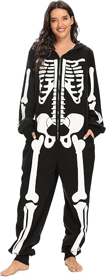 Adult Halloween Skeleton Costume Unisex Skeleton Plush Pajamas Onesie Cozy One Piece Cosplay Costumes for Women
