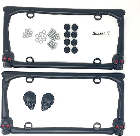 Skull Red Eyes in Flames License Plate Frame Set of 2 with 2pcs 3D Skull Metal Emblem Badge Sticker Decal (Black) - skull plate
