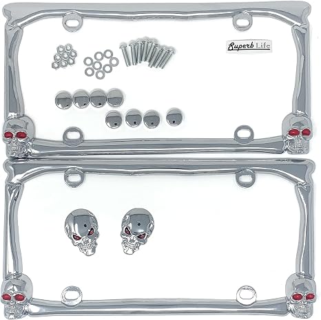 Skull Red Eyes in Flames License Plate Frame Set of 2 with 2pcs 3D Skull Metal Emblem Badge Sticker Decal (Silver) - skull plate