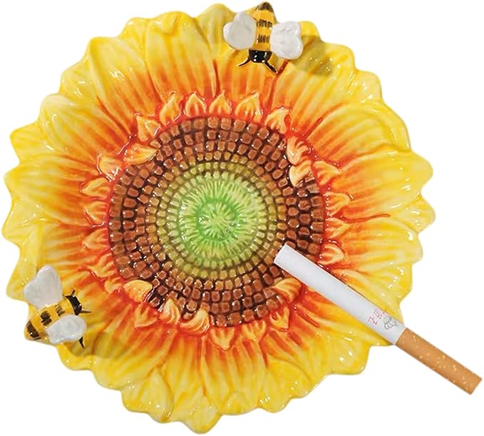 Sizikato 6-Inch Porcelain Ashtray, Lovely Sunflowers and Bees. - skull ashtray