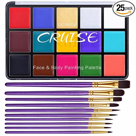UCANBE Face Body Paint Oil Palette + 10 Pcs Brushes Set, Professional 15 Colors Face Painting Makeup Kit for Halloween Cosplay SFX Parties Theater Stage Artist Costume Festival - sugar skull makeup