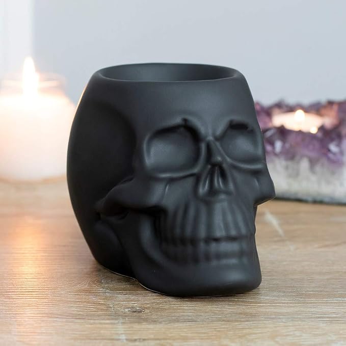 Pacific Giftware Aroma Relaxation Matte Black Skull Oil Burner - skull incense burner