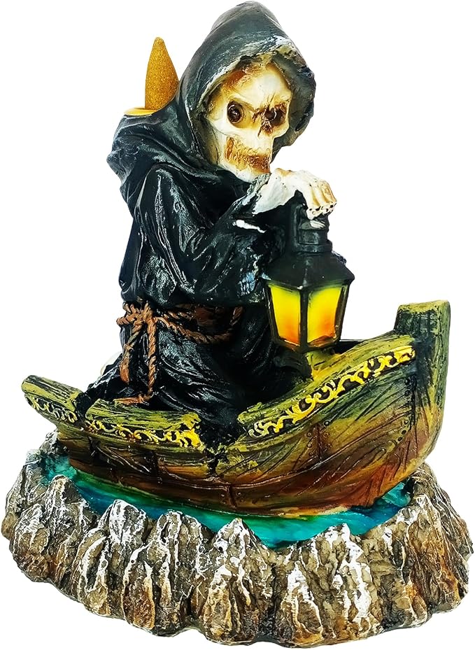 Fantasy Gifts Grim Reaper Soul Deliverer Backflow Incense Burner – 7 Inch Polyresin Fountain Holder for Meditation, Aromatherapy & Gothic Home Décor Mysterious Reaper Design Incense Cone Holder Gift - skull incense burner