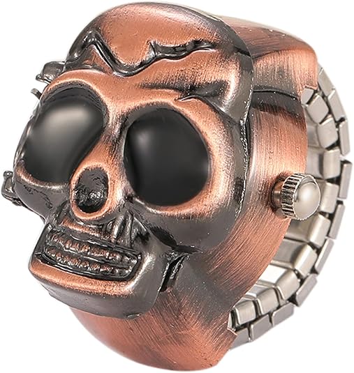 JewelryWe Men Women Finger Watch Punk Skull Flip-Open Cover Quartz Analog Ring Watches, Adjustable Size - skull watch