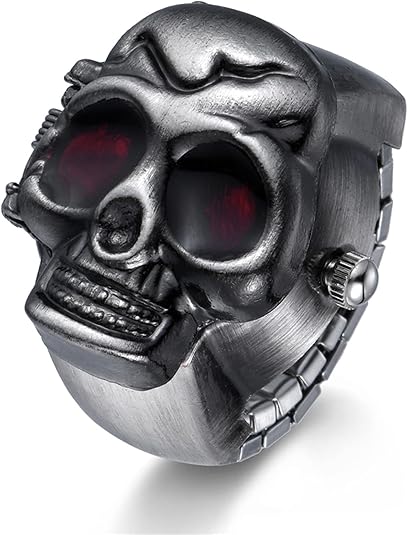 JewelryWe Men Women Finger Watch Punk Skull Flip-Open Cover Quartz Analog Adjustable Ring Watches for Mother's Day - skull watch