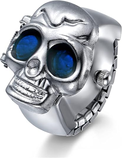 JewelryWe Men Women Finger Watch Punk Skull Flip-Open Cover Quartz Analog Adjustable Ring Watches for Mother's Day - skull watch