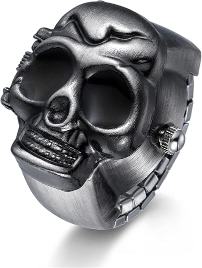 JewelryWe Men Women Finger Watch Punk Skull Flip-Open Cover Quartz Analog Adjustable Ring Watches for Mother's Day - skull watch
