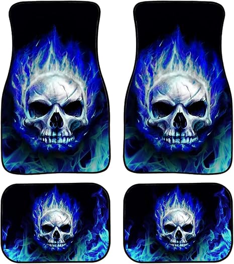 Biyejit Blue Fire Skull Car Floor Mats Set of 4 for Front Rear Seats, Heavy Duty Rubber Backing Universal Fit,SUV Interior Accessories - skull floor mat