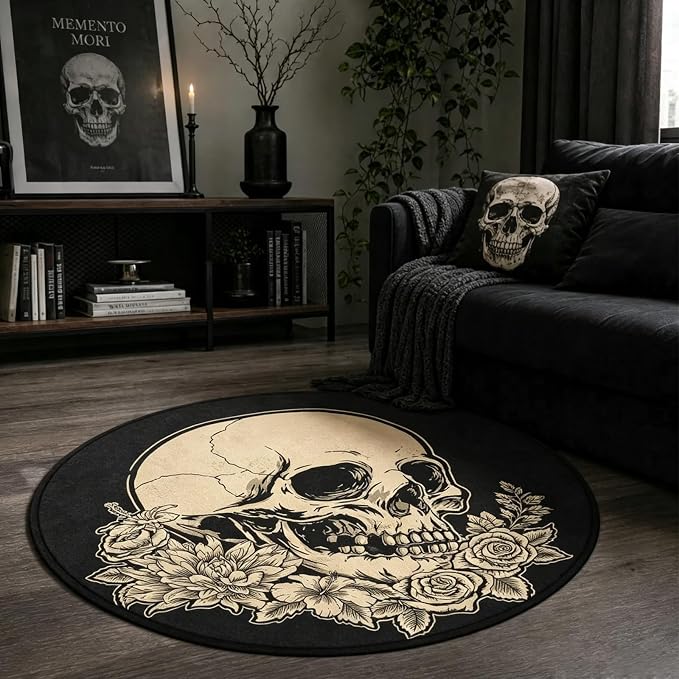keepcute 3ft Round Skull Area Rug, Non-Slip Gothic Floral Carpet - skull floor mat