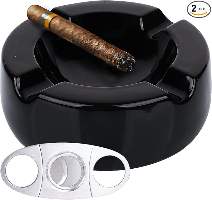 Large Ceramic Cigar Ashtray - 8.5 Inch Black Glossy for Indoor, Outdoor, Patio, Home, Office Use - Accessories Ash Tray Luxury Gift Set for Men and Women - skull ashtray