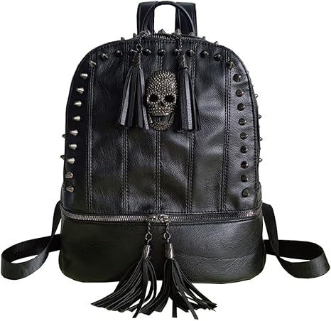 Women Skull Backpack Rivet Studded Fashion Daypack Gothic Purse Tassel Zipper (Slivet Round Rivet) - skull backpack