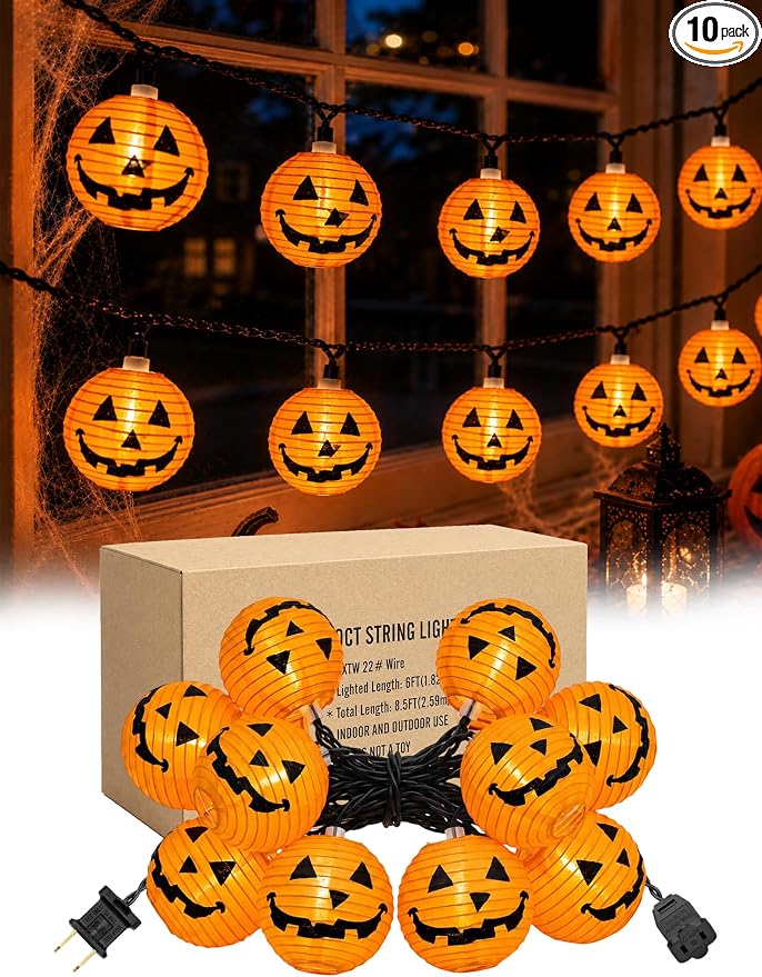 8.5FT Halloween Pumpkin Lantern String Lights Plug-in 10 LED Decor
