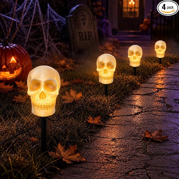 Halloween Skull Pathway Lights, 4 Pack Skeleton Lights with Stakes - string light