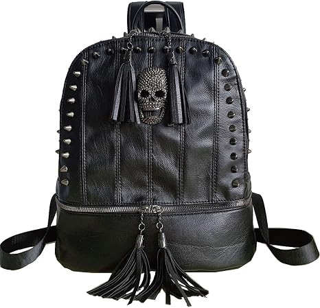 Women Skull Rivet Backpack Purse Fashion PU Leather Designer Travel Bag Ladies Shoulder Bags(Black) - skull backpack