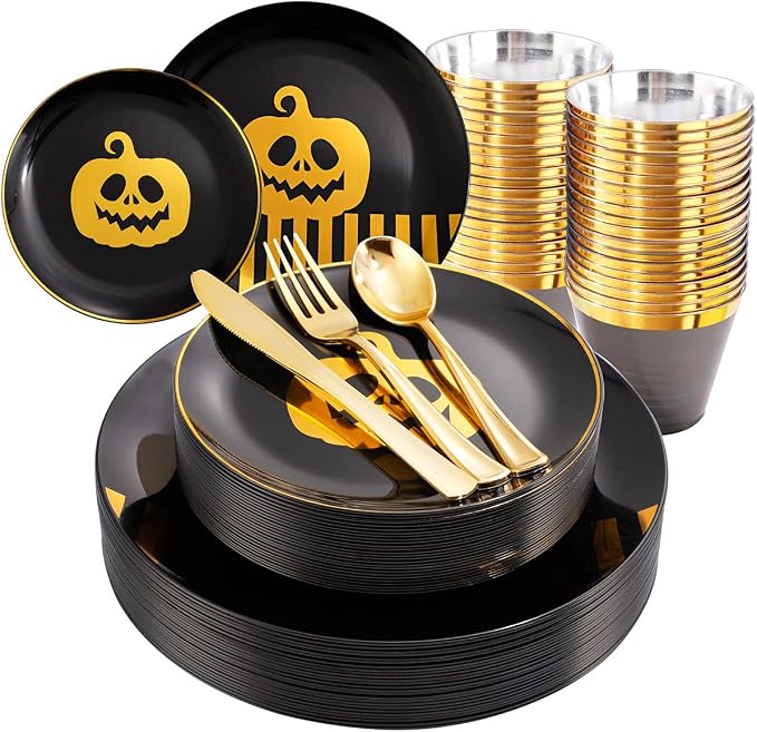 25 Guest Halloween Plates Black Gold Plastic Plates Smiley Pumpkin include 50PCS Black &150PCS Gold Plastic Silverware&25PCS Clear Black Cups for Halloween Party - skull plate