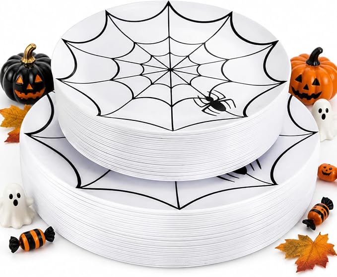 60Pieces Halloween Plates Disposable Plastic - White and Black with Cobwebs plates Dinnerware include 30PCS 10.25inch and 30PCS 7.5inch Plates for Halloween - skull plate