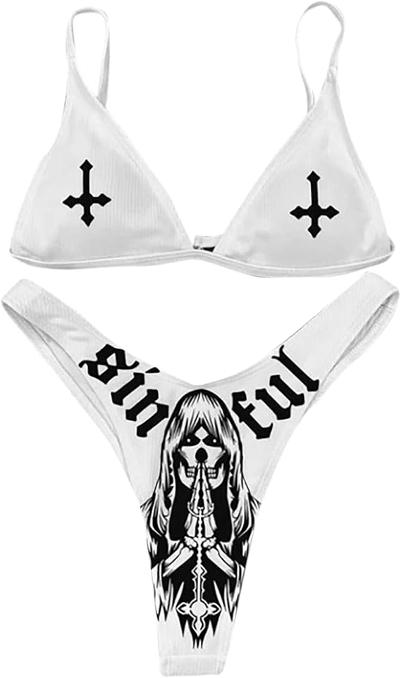 AIBEARTY Women's Skull Letter Printed Two Piece Swimsuit High Cut Triangle Bikini Set for Party Festival Halloween - skull swimsuit