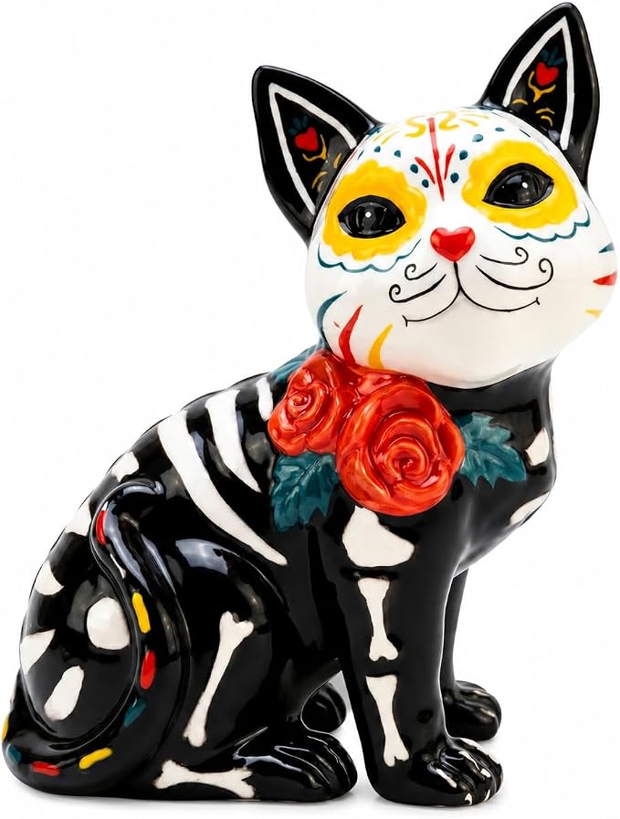 Blue Sky Clayworks Roxy Day of The Dead Cat Figurine, Sugar-Skull Kitty with Roses, Ceramic - skull figurine