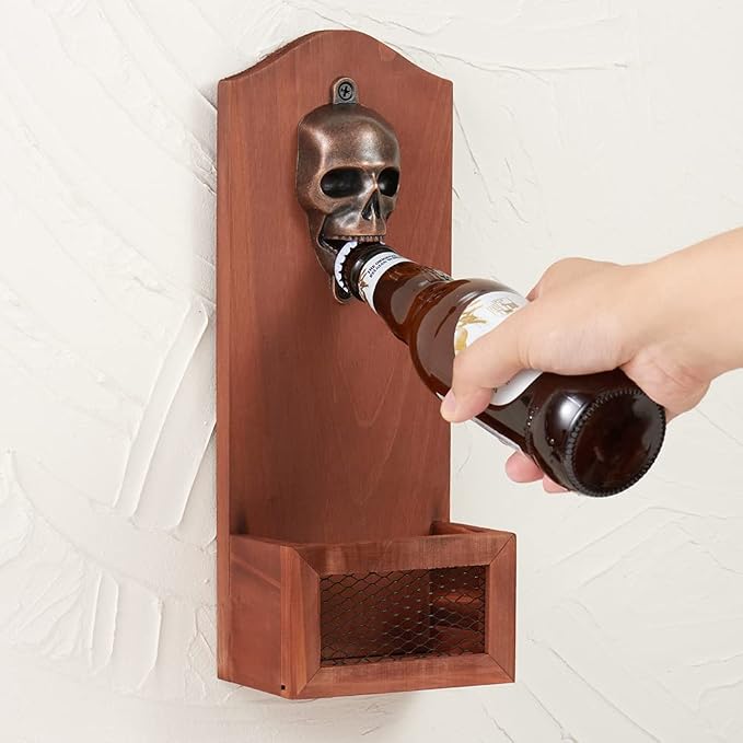Skull Bottle Opener with Cap Collector Catcher, Vintage Wooden Wall Mounted Bottle Opener，Ideal Gift for Men and Beer Lovers, Use as Bar Decoration. - skull bottle