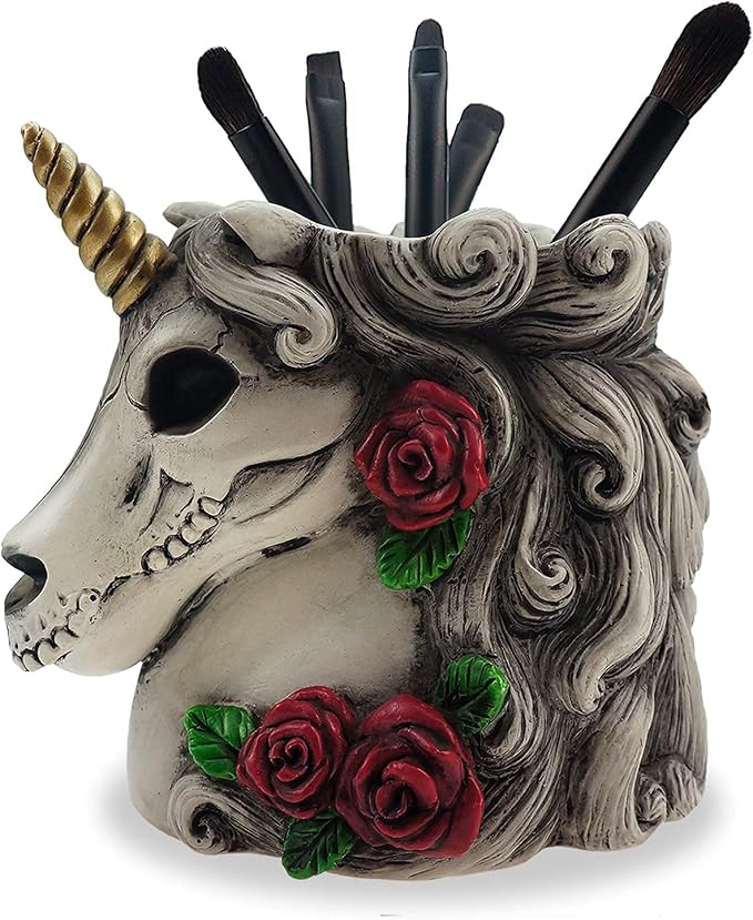 Gothic Unicorn Skull Makeup Brush Holder for Women Adults - skull figurine