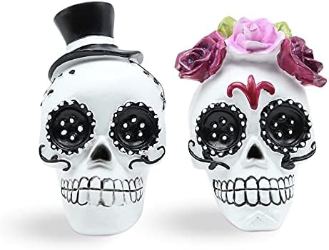 Day of The Dead Skull Couple, Sugar Skull, Halloween Decor, Black and White Figurine Skeleton Set, Rose Wreath and Top Hat - skull wreath