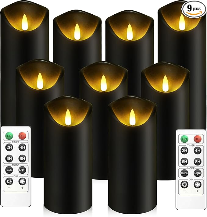 kakoya Flickering Flameless Candles, Battery Operated Plastic LED Pillar Candles with Remote Control and Timer, Set of 9 (Black) - skull candle