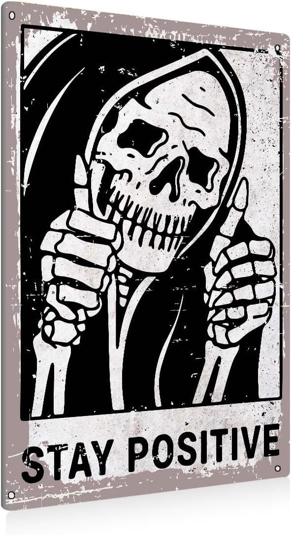 BEASTZHENG Vintage Stay Positive Skull Sign Metal Tin Sign Wall Décor Funny Retro Sign for Home Living Room Bedroom Halloween Decor Gifts - 8x12 Inch - skull wall art