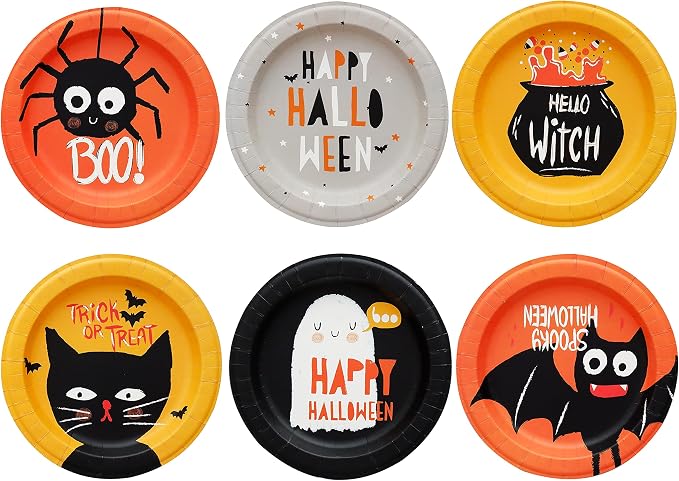 Paper Plates - 60-Count 8" x 8" Small Disposable Halloween Party Dessert Plates in 6 Assorted Designs - Halloween Party Supplies - skull plate